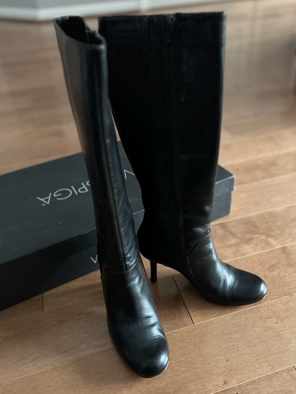 Via Spiga Made in Italy Black Leather Stiletto Heel Knee High Boots 7M